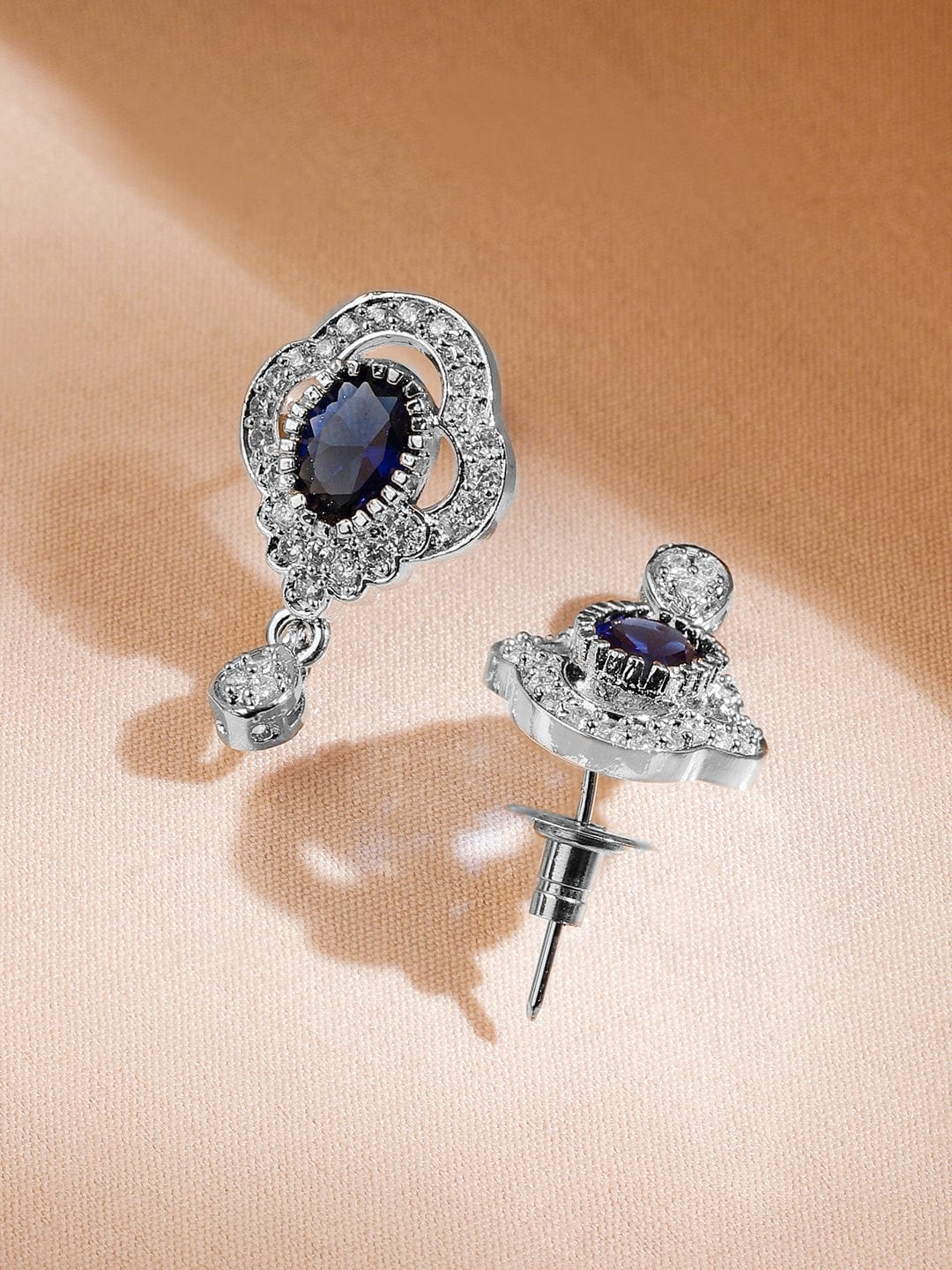 Rubans Rhodium-Plated Blue Sapphire & Cubic Zirconia Studded Oval Statement Pendant Necklace Set