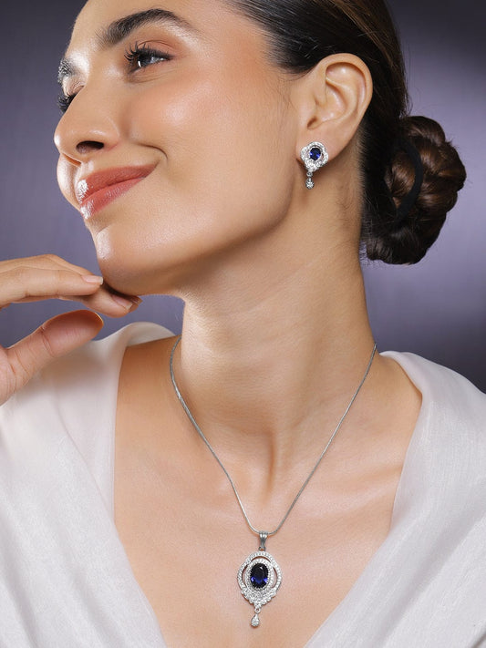 Rubans Rhodium-Plated Blue Sapphire & Cubic Zirconia Studded Oval Statement Pendant Necklace Set