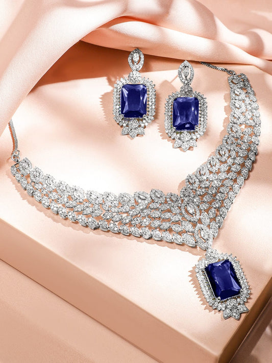Rubans Rhodium-Plated Blue Sapphire & White Cubic Zirconia Studded Luxe V-Shaped Statement Necklace Set