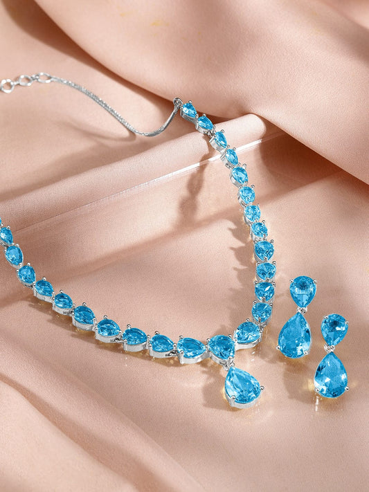 Rubans Rhodium-Plated Blue Topaz Cubic Zirconia Studded Necklace Set