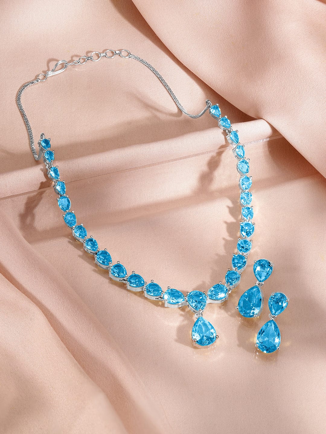 Rubans Rhodium-Plated Blue Topaz Cubic Zirconia Studded Necklace Set