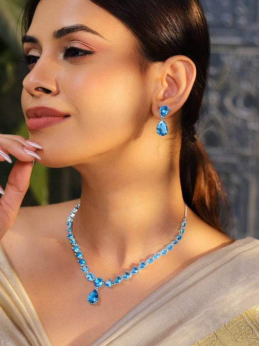 Rubans Rhodium-Plated Blue Topaz Cubic Zirconia Studded Necklace Set