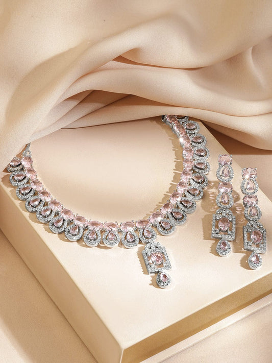 Rubans Rhodium-Plated Blush Pink Stone & White Cubic Zirconia Studded Statement Necklace Set