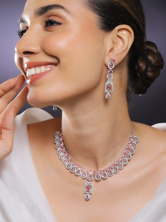 Rubans Rhodium-Plated Blush Pink Stone & White Cubic Zirconia Studded Statement Necklace Set