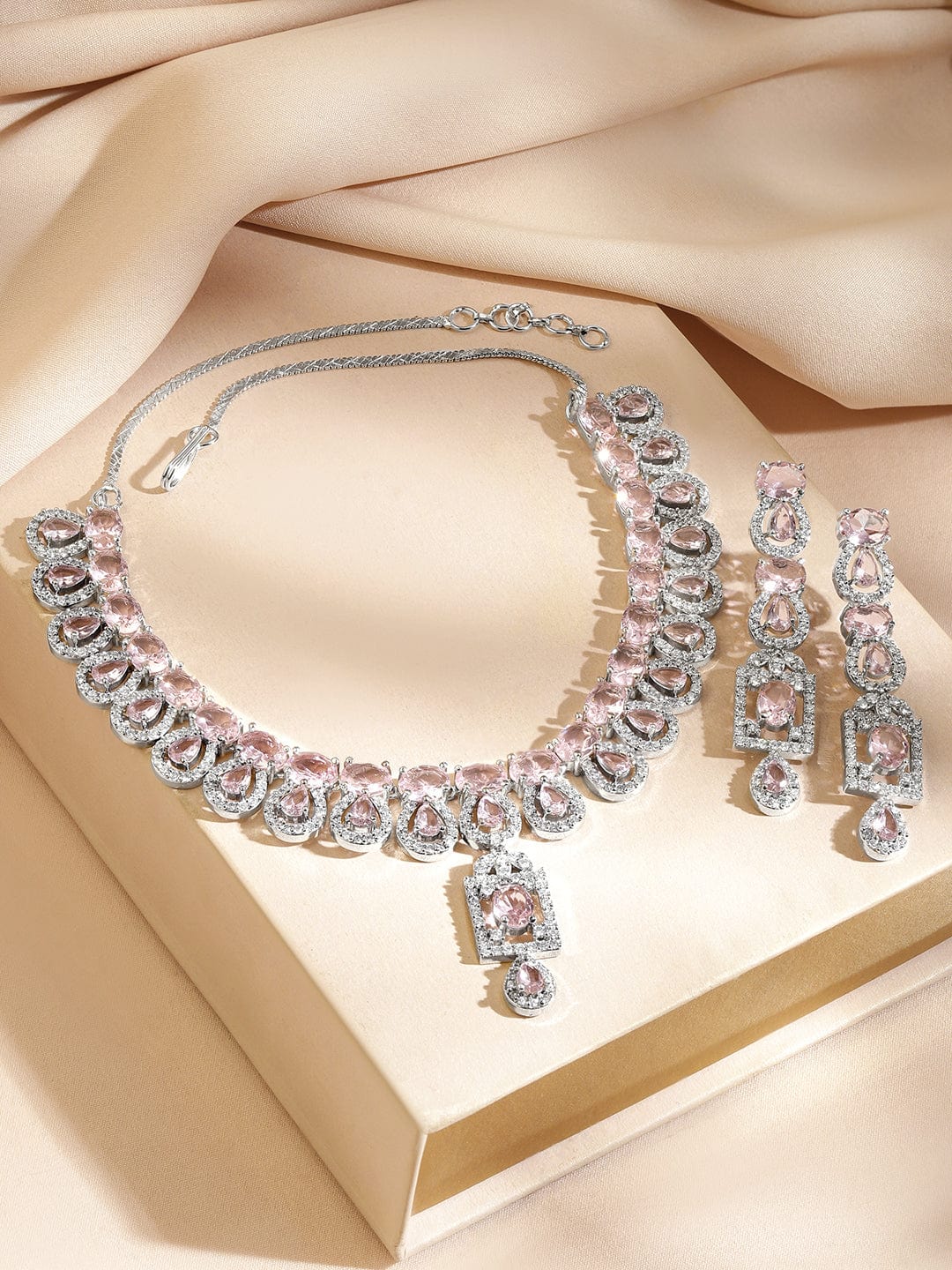 Rubans Rhodium-Plated Blush Pink Stone & White Cubic Zirconia Studded Statement Necklace Set
