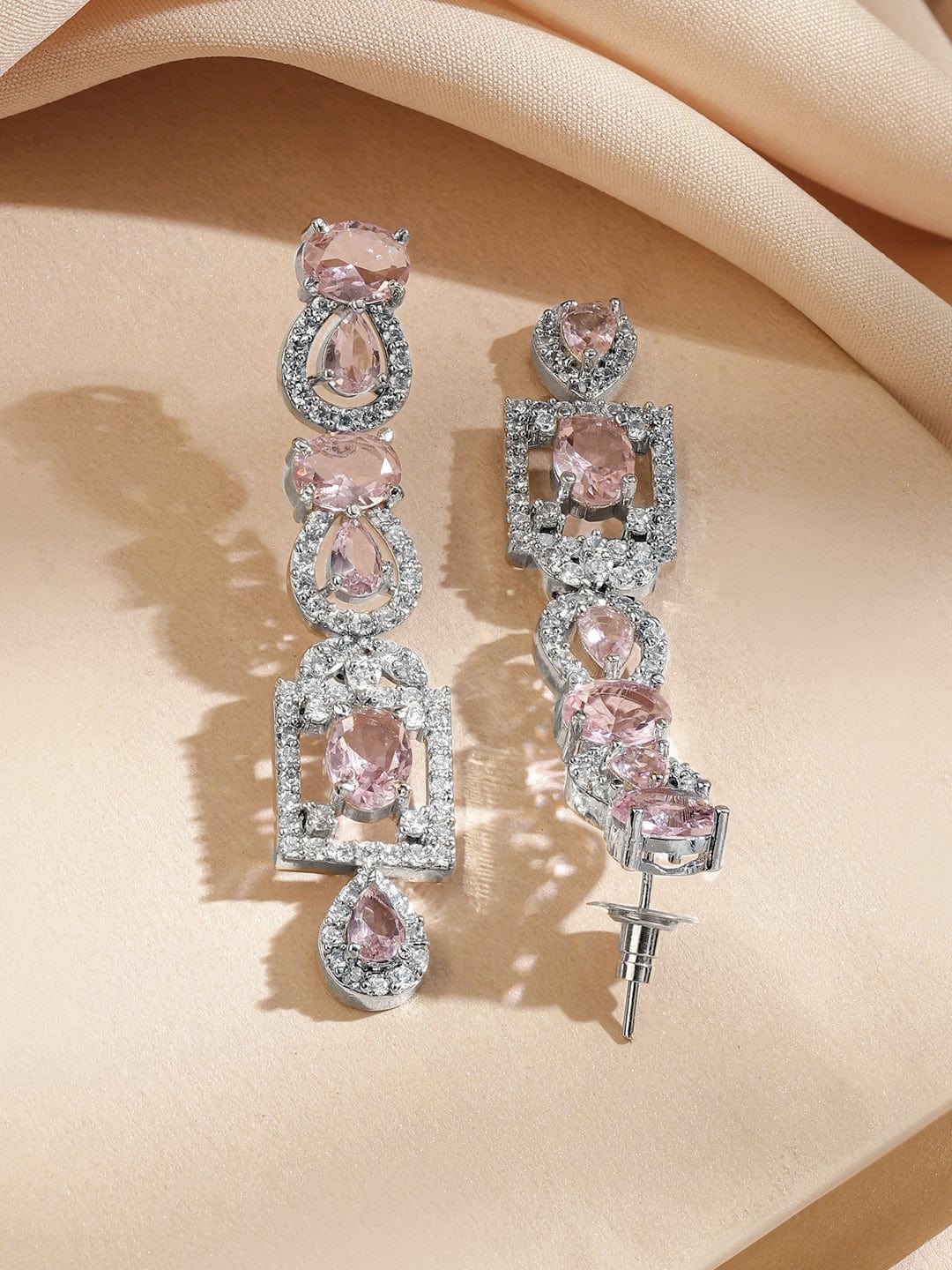 Rubans Rhodium-Plated Blush Pink Stone & White Cubic Zirconia Studded Statement Necklace Set