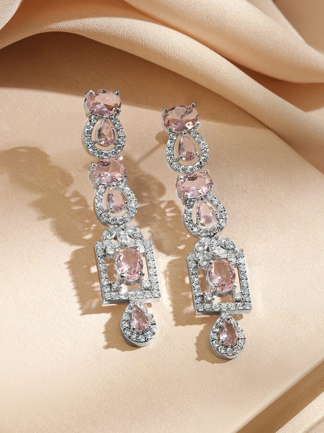 Rubans Rhodium-Plated Blush Pink Stone & White Cubic Zirconia Studded Statement Necklace Set