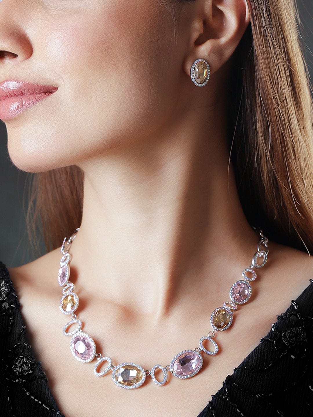 Rubans Rhodium-Plated Cherry and Golden Studded Multi-Color Rhinestones Embellished Necklace Set