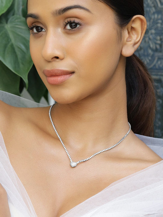 Rubans Rhodium-Plated Crystal AD & Cubic Zirconia Studded Pear-Shaped Pendant Necklace