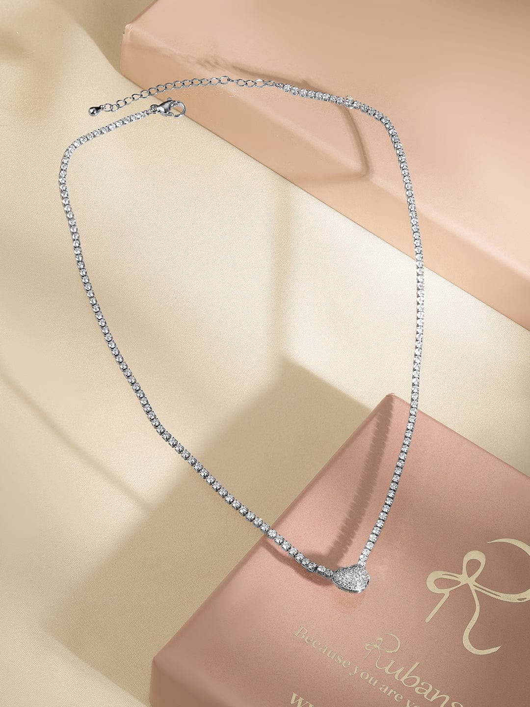 Rubans Rhodium-Plated Crystal AD & Cubic Zirconia Studded Pear-Shaped Pendant Necklace