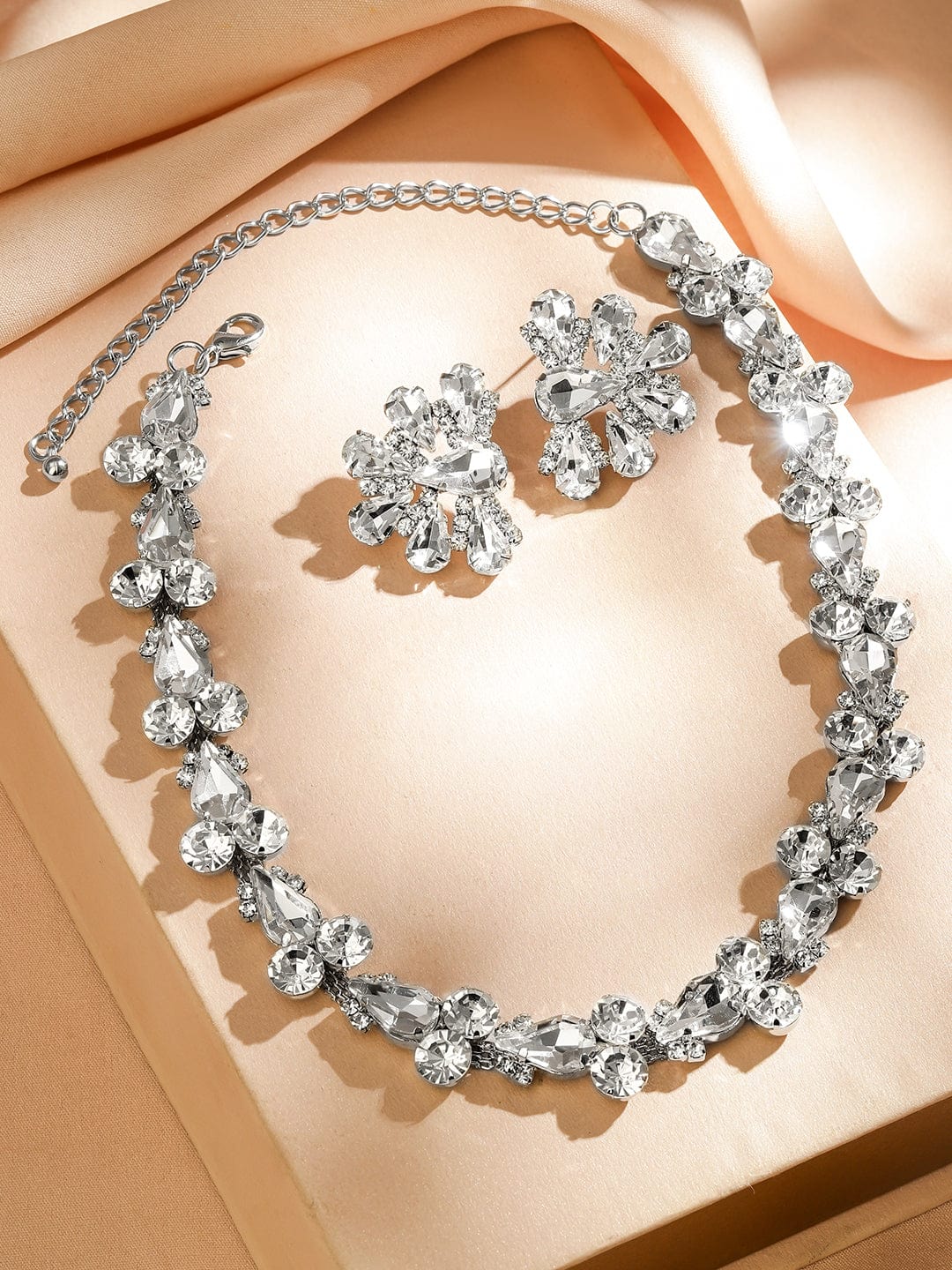 Rubans Rhodium-Plated Crystal AD & Cubic Zirconia Studded Statement Luxe Necklace Set
