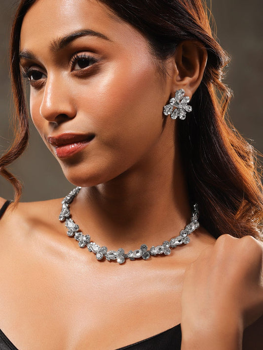 Rubans Rhodium-Plated Crystal AD & Cubic Zirconia Studded Statement Luxe Necklace Set
