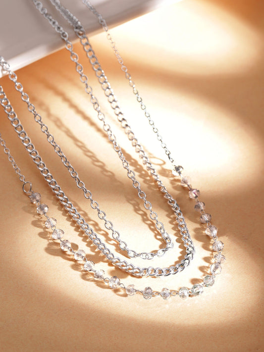 Rubans Rhodium-Plated Crystal Beaded & Chain-Link Multi-Layered Necklace