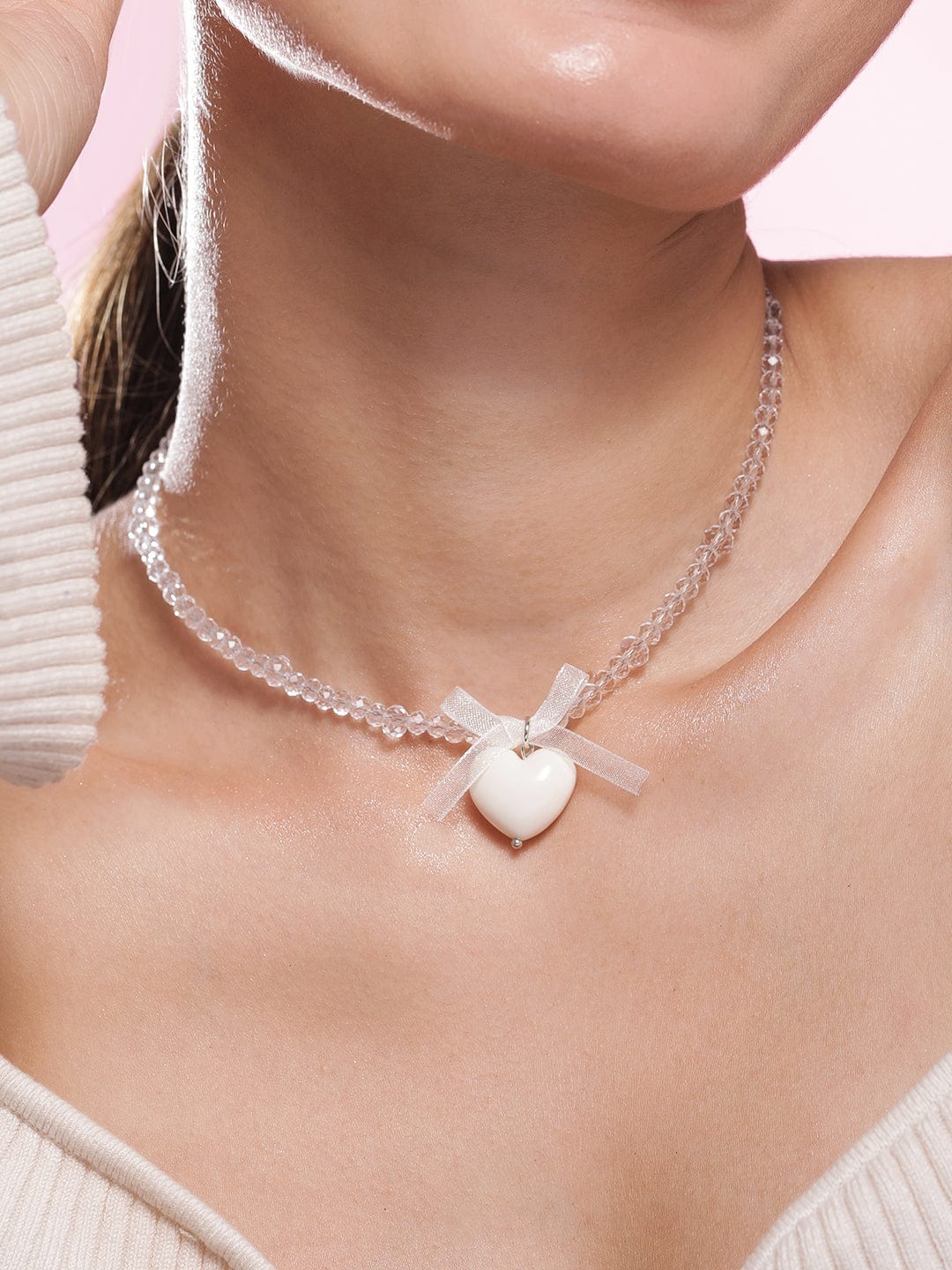 Rubans Rhodium Plated Crystal Beaded Necklace with Heart Pendant and Bow Detailing