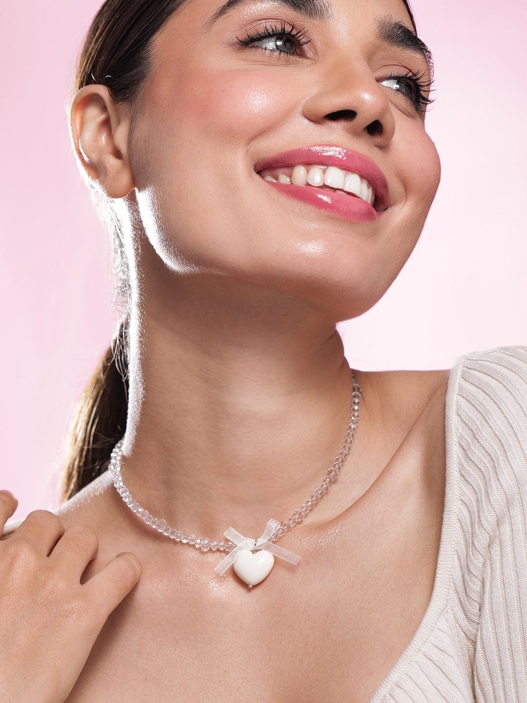 Rubans Rhodium Plated Crystal Beaded Necklace with Heart Pendant and Bow Detailing