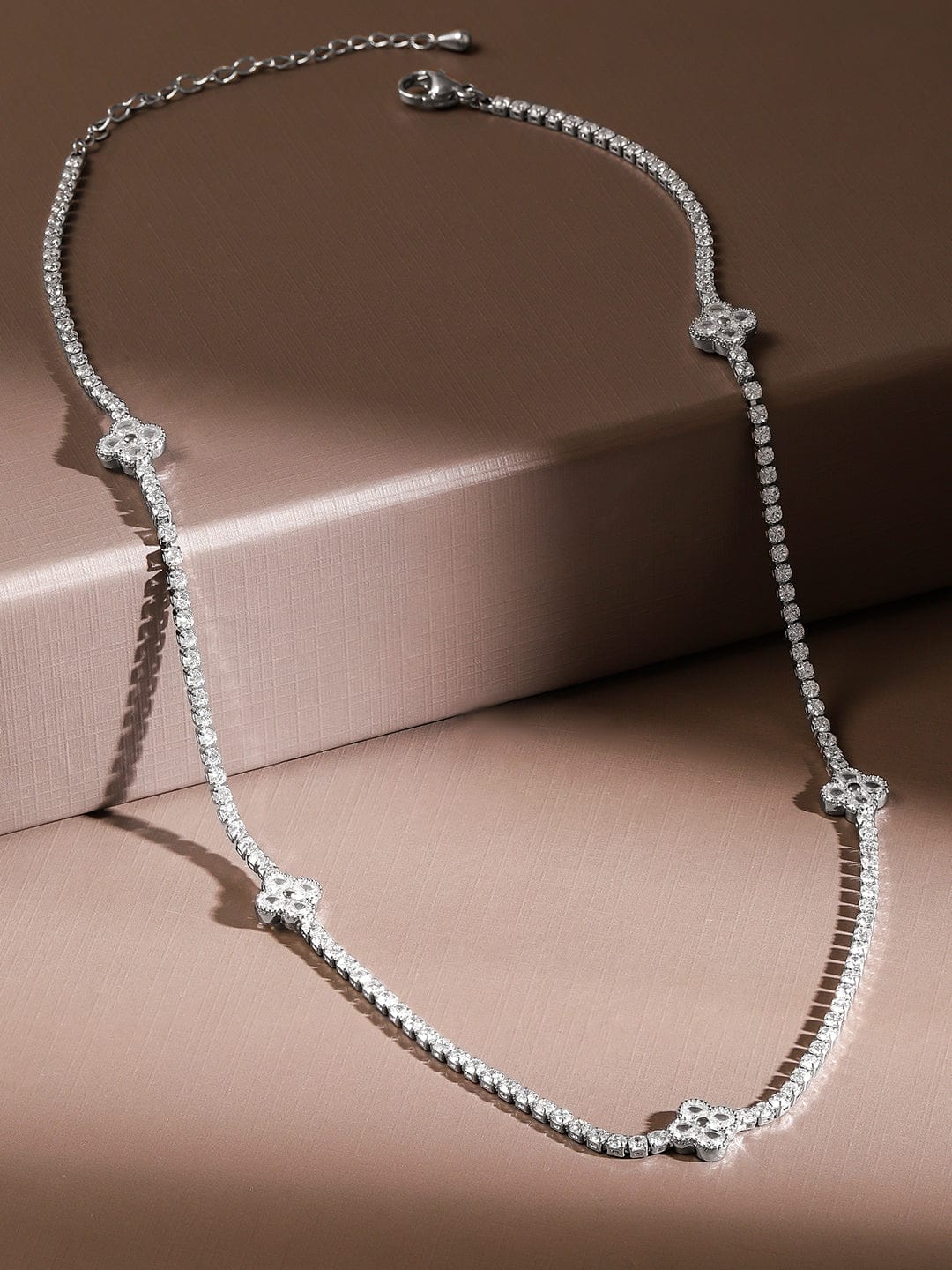 Rubans Rhodium Plated Crystal Cubic Zirconia Studded Floral Motif Luxe Tennis Necklace