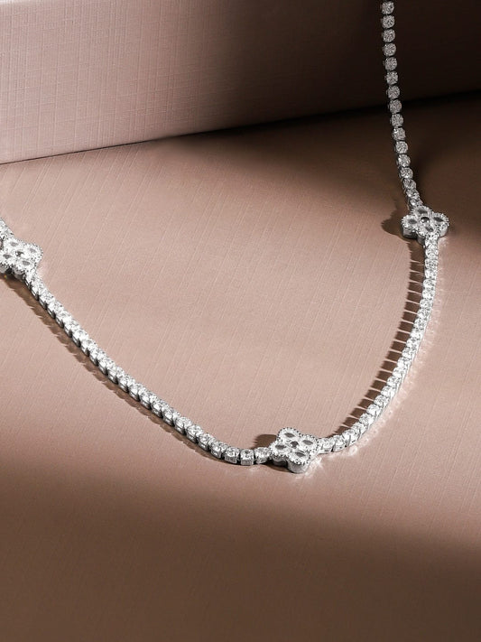 Rubans Rhodium Plated Crystal Cubic Zirconia Studded Floral Motif Luxe Tennis Necklace