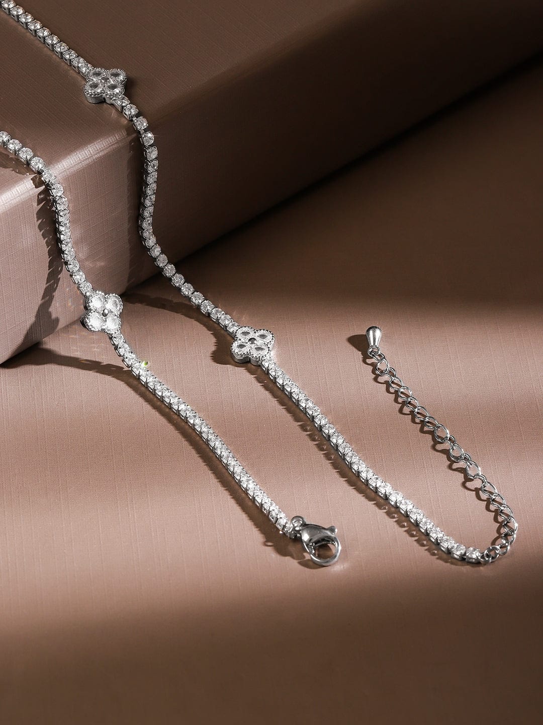 Rubans Rhodium Plated Crystal Cubic Zirconia Studded Floral Motif Luxe Tennis Necklace