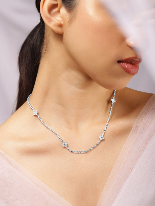Rubans Rhodium Plated Crystal Cubic Zirconia Studded Floral Motif Luxe Tennis Necklace