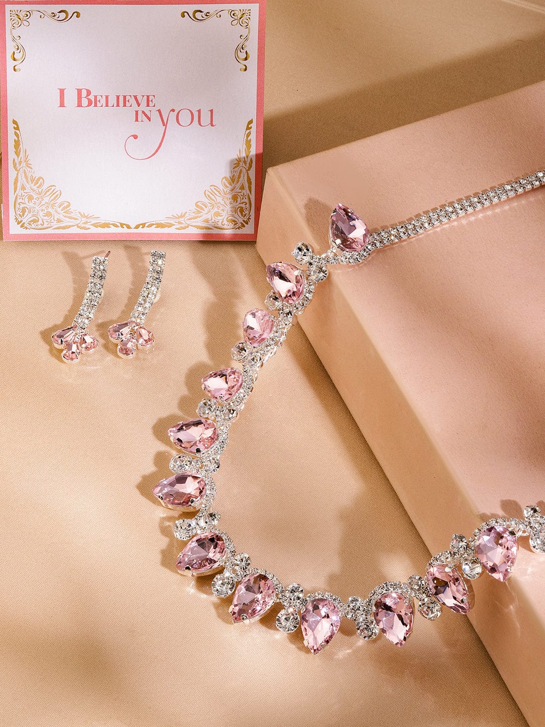 Rubans Rhodium-Plated Crystal Pink AD & Cubic Zirconia Studded Glamorous Necklace Set