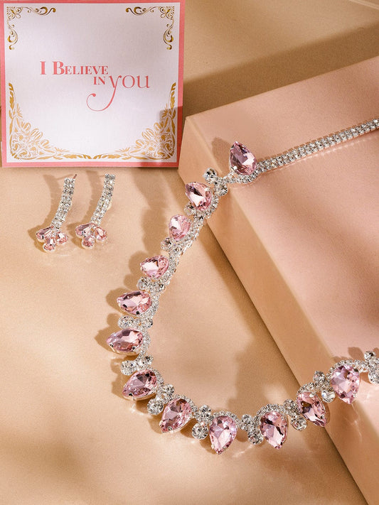 Rubans Rhodium-Plated Crystal Pink AD & Cubic Zirconia Studded Glamorous Necklace Set
