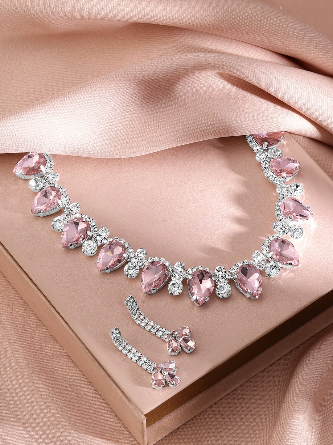 Rubans Rhodium-Plated Crystal Pink AD & Cubic Zirconia Studded Glamorous Necklace Set