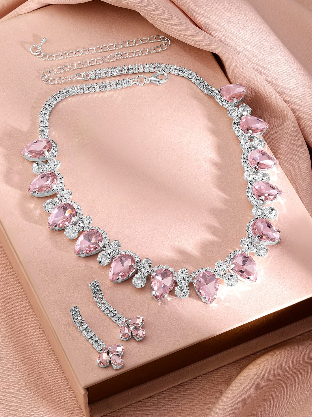 Rubans Rhodium-Plated Crystal Pink AD & Cubic Zirconia Studded Glamorous Necklace Set