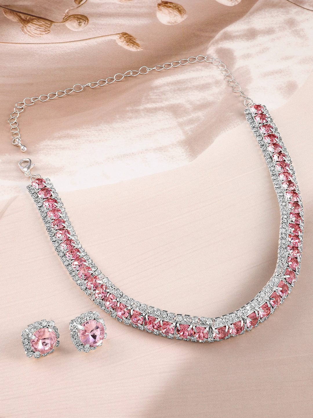 Rubans Rhodium Plated Crystal Pink & White Cubic Zirconia Studded Choker Necklace Set
