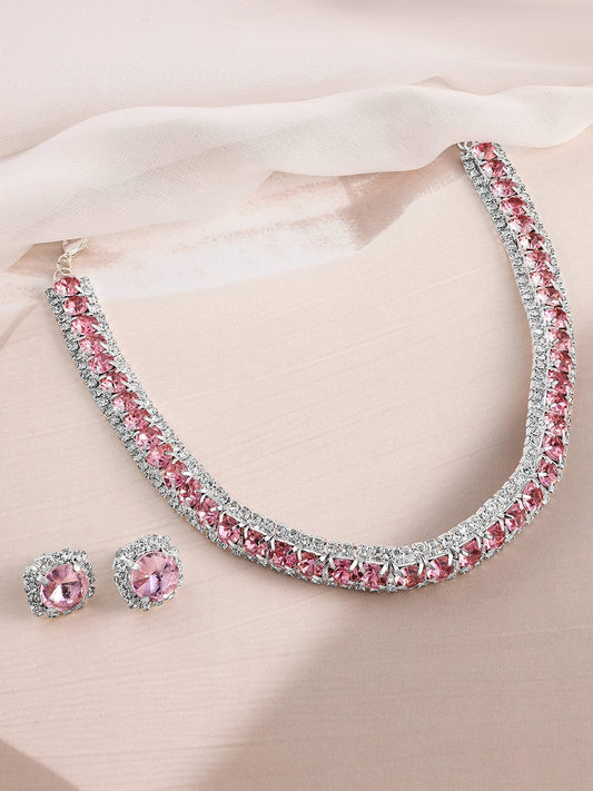 Rubans Rhodium Plated Crystal Pink & White Cubic Zirconia Studded Choker Necklace Set
