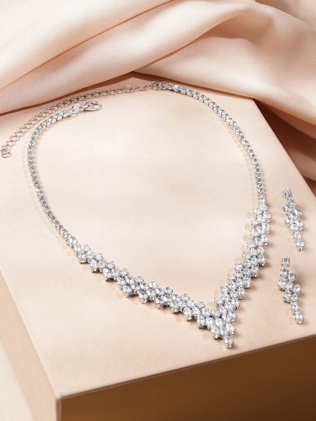 Rubans Rhodium-Plated Crystal White AD & Cubic Zirconia V-Shaped Necklace Set