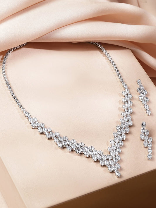 Rubans Rhodium-Plated Crystal White AD & Cubic Zirconia V-Shaped Necklace Set