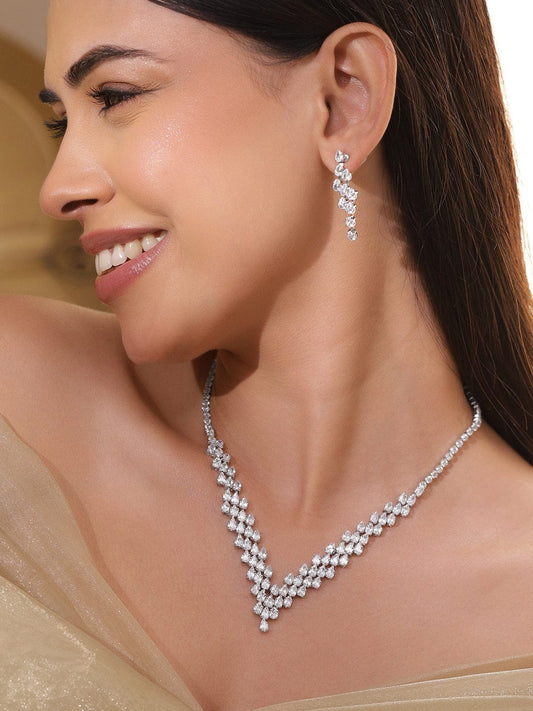 Rubans Rhodium-Plated Crystal White AD & Cubic Zirconia V-Shaped Necklace Set