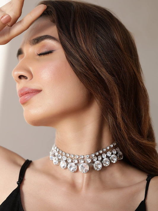Rubans Rhodium-Plated Cubic Zirconia-Studded 3-Layer Choker Necklace