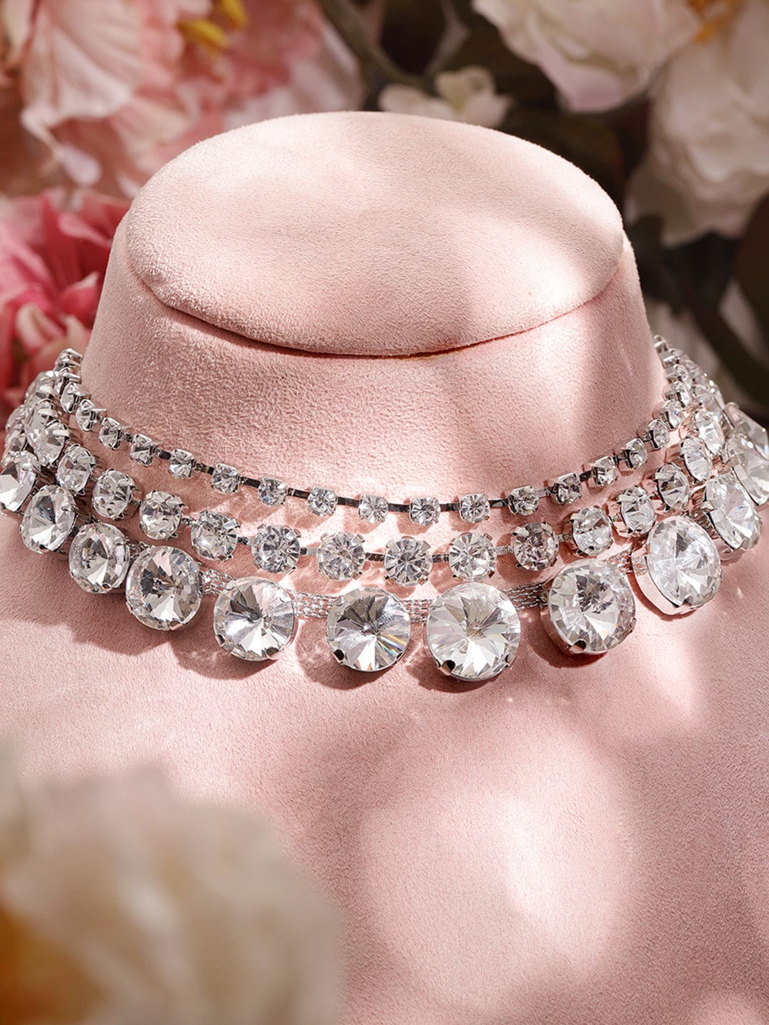 Rubans Rhodium-Plated Cubic Zirconia-Studded 3-Layer Choker Necklace