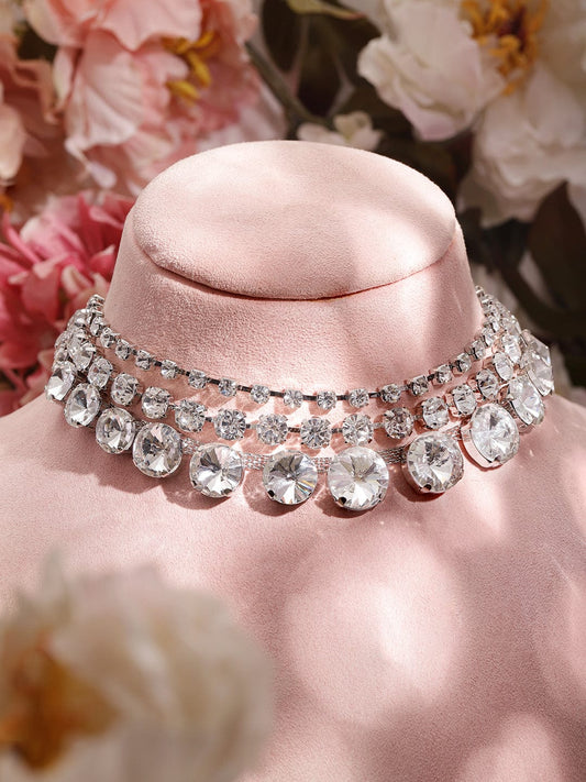 Rubans Rhodium-Plated Cubic Zirconia-Studded 3-Layer Choker Necklace