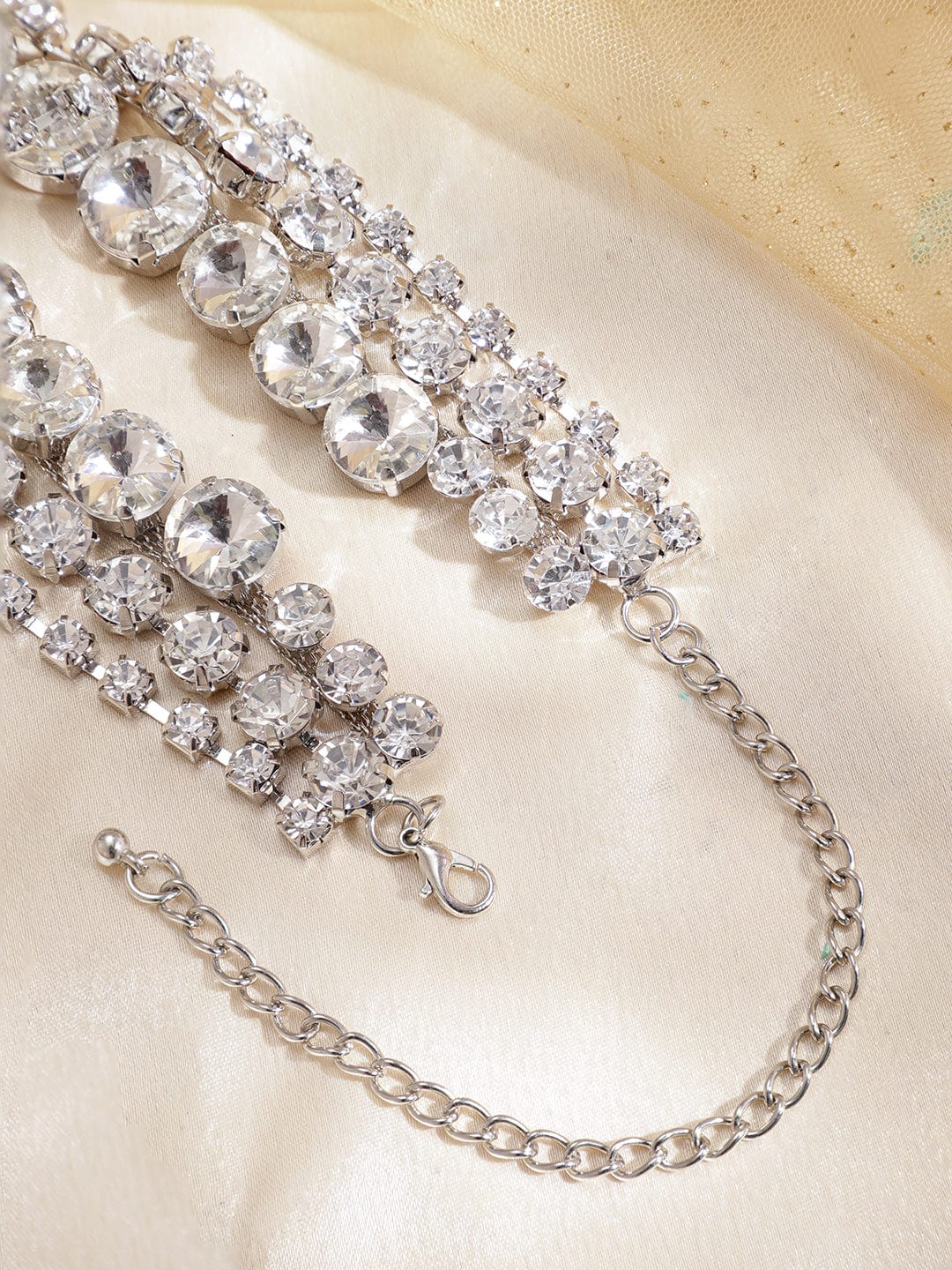 Rubans Rhodium-Plated Cubic Zirconia-Studded 3-Layer Choker Necklace