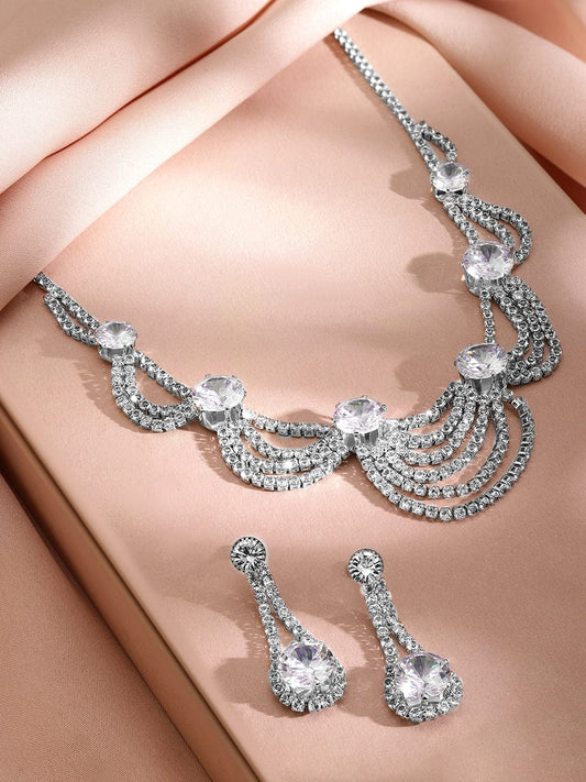 Rubans Rhodium-Plated Cubic Zirconia Studded Elegant Necklace & Earrings Set