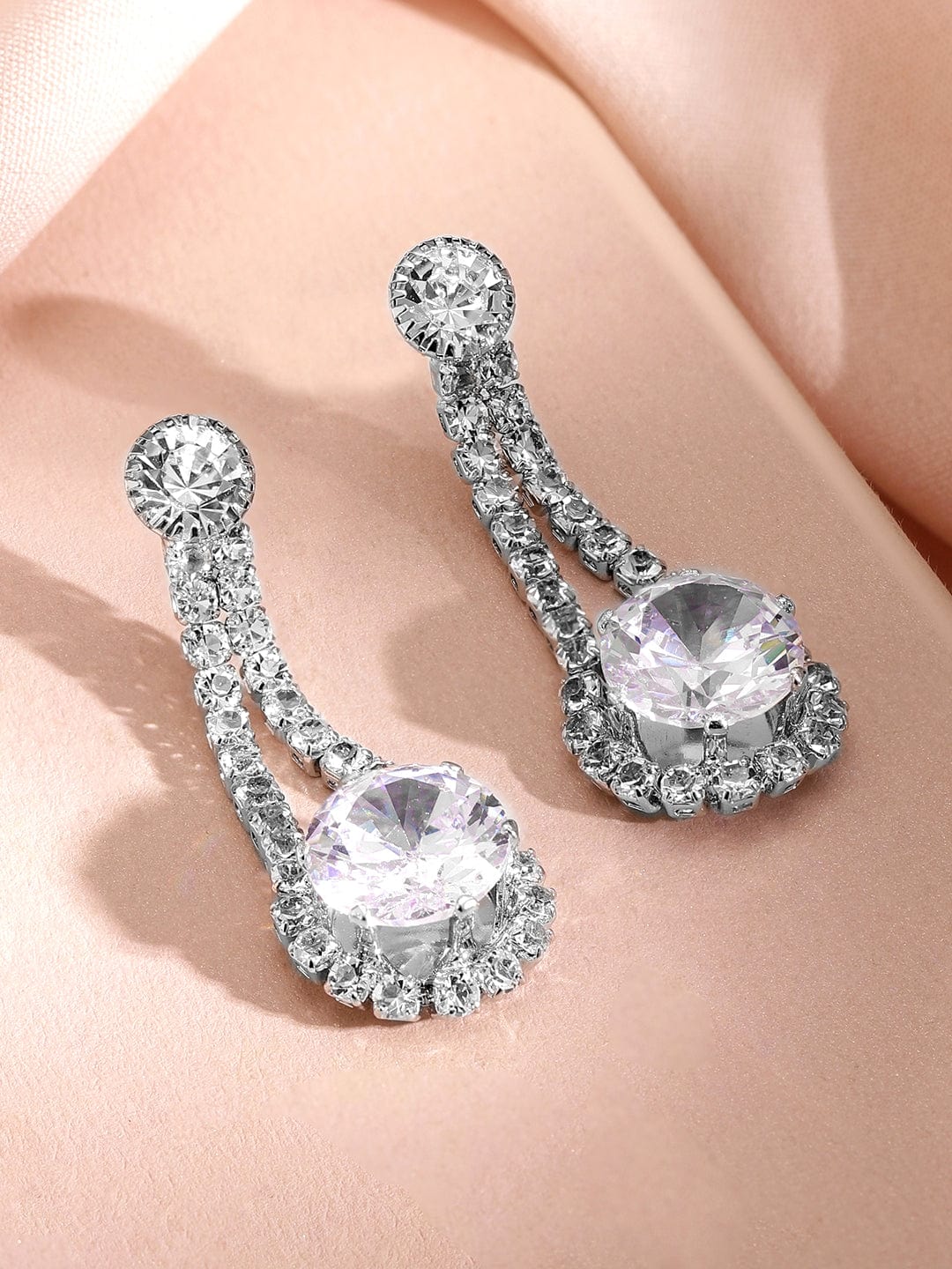 Rubans Rhodium-Plated Cubic Zirconia Studded Elegant Necklace & Earrings Set