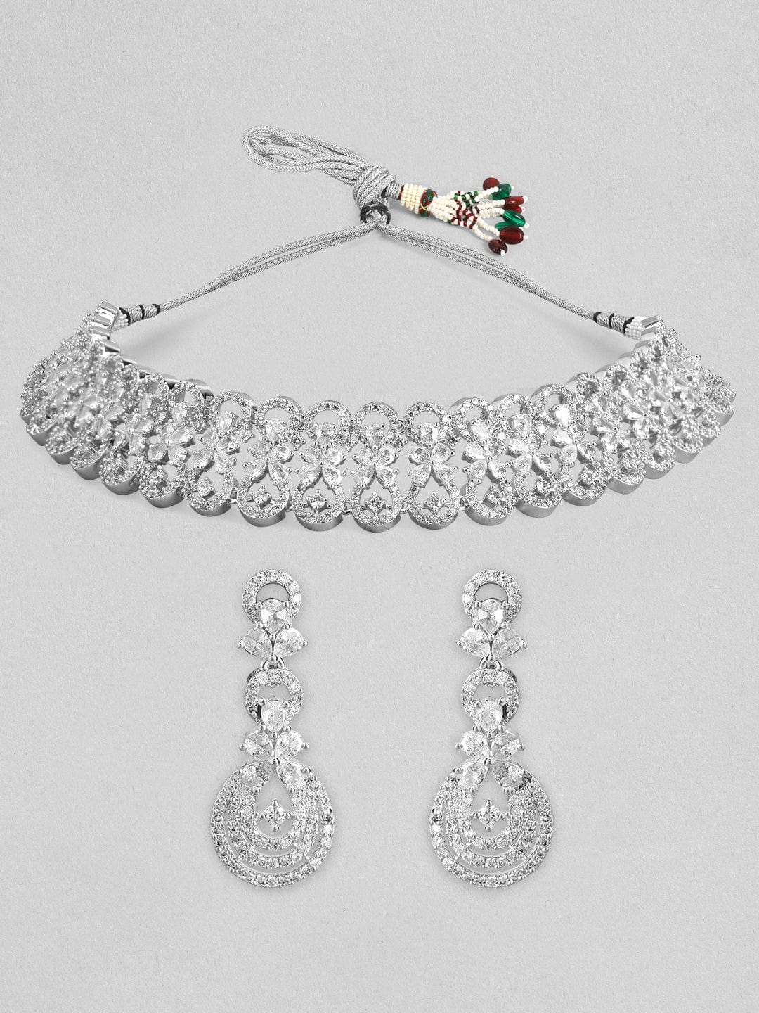 Rubans Rhodium-Plated Cubic Zirconia Studded Floral Design Choker Necklace Set