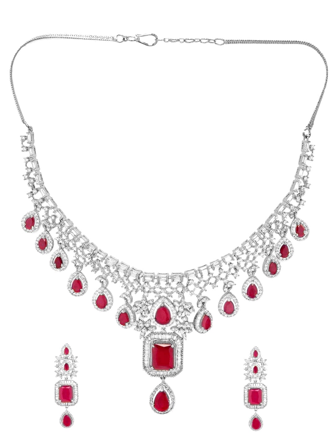 Rubans Rhodium-Plated Cubic Zirconia Studded Necklace and Earrings