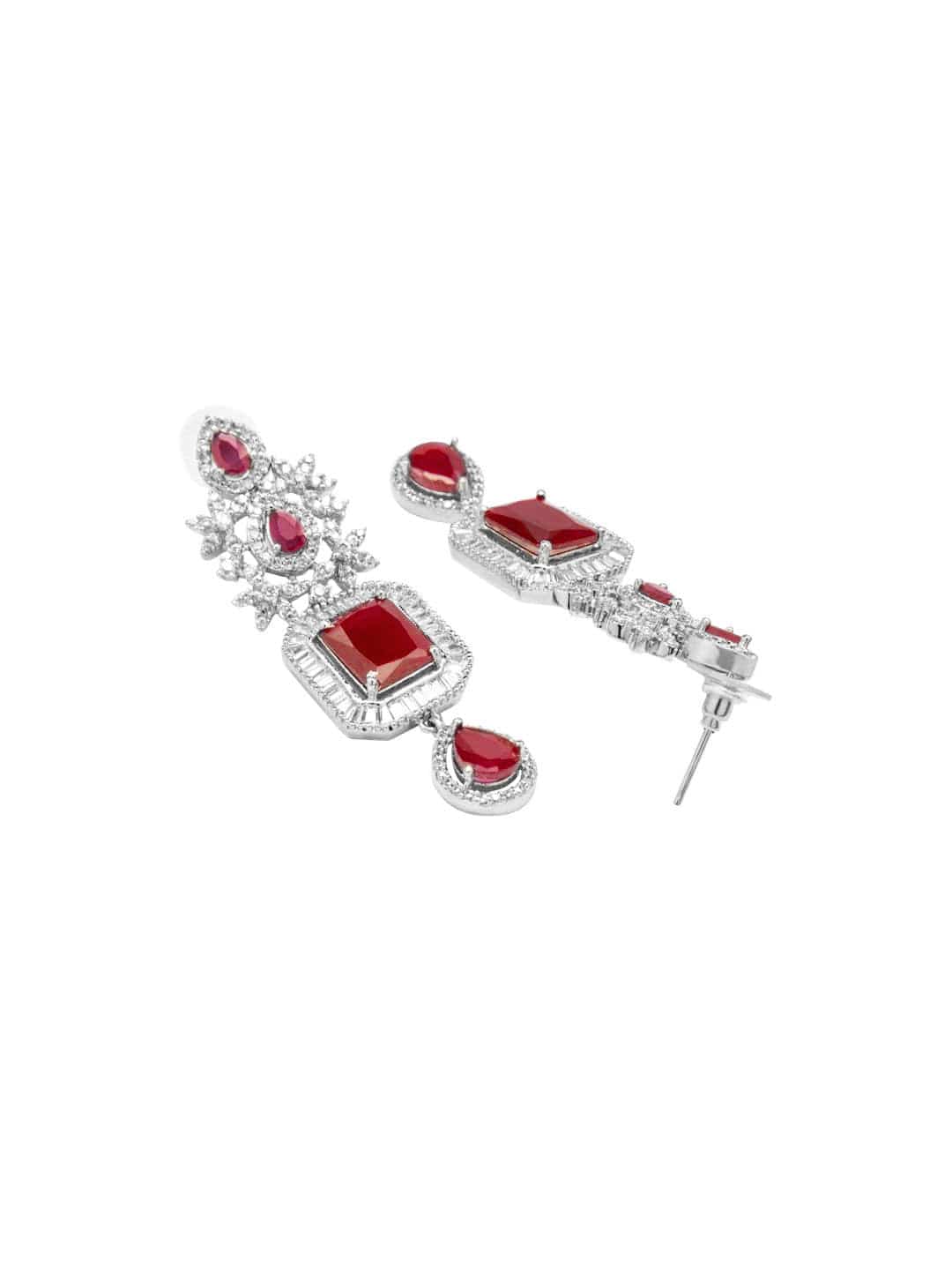 Rubans Rhodium-Plated Cubic Zirconia Studded Necklace and Earrings
