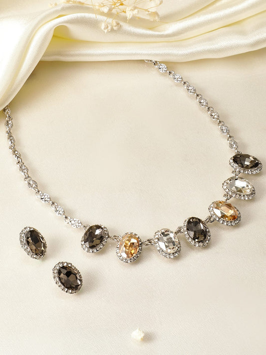 Rubans Rhodium-Plated Cubic Zirconia Studded Necklace Set with Multi-Color Gemstones