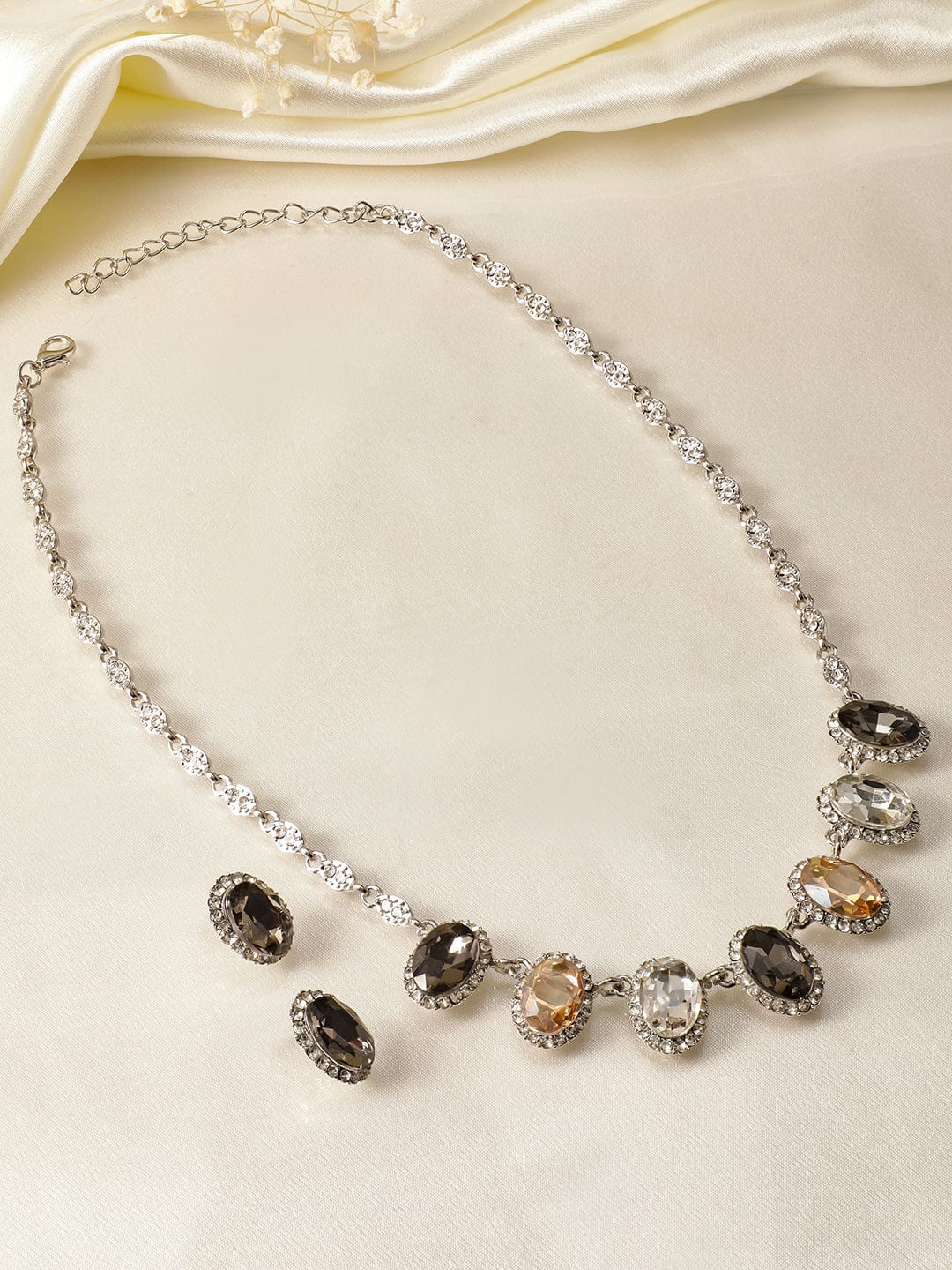 Rubans Rhodium-Plated Cubic Zirconia Studded Necklace Set with Multi-Color Gemstones
