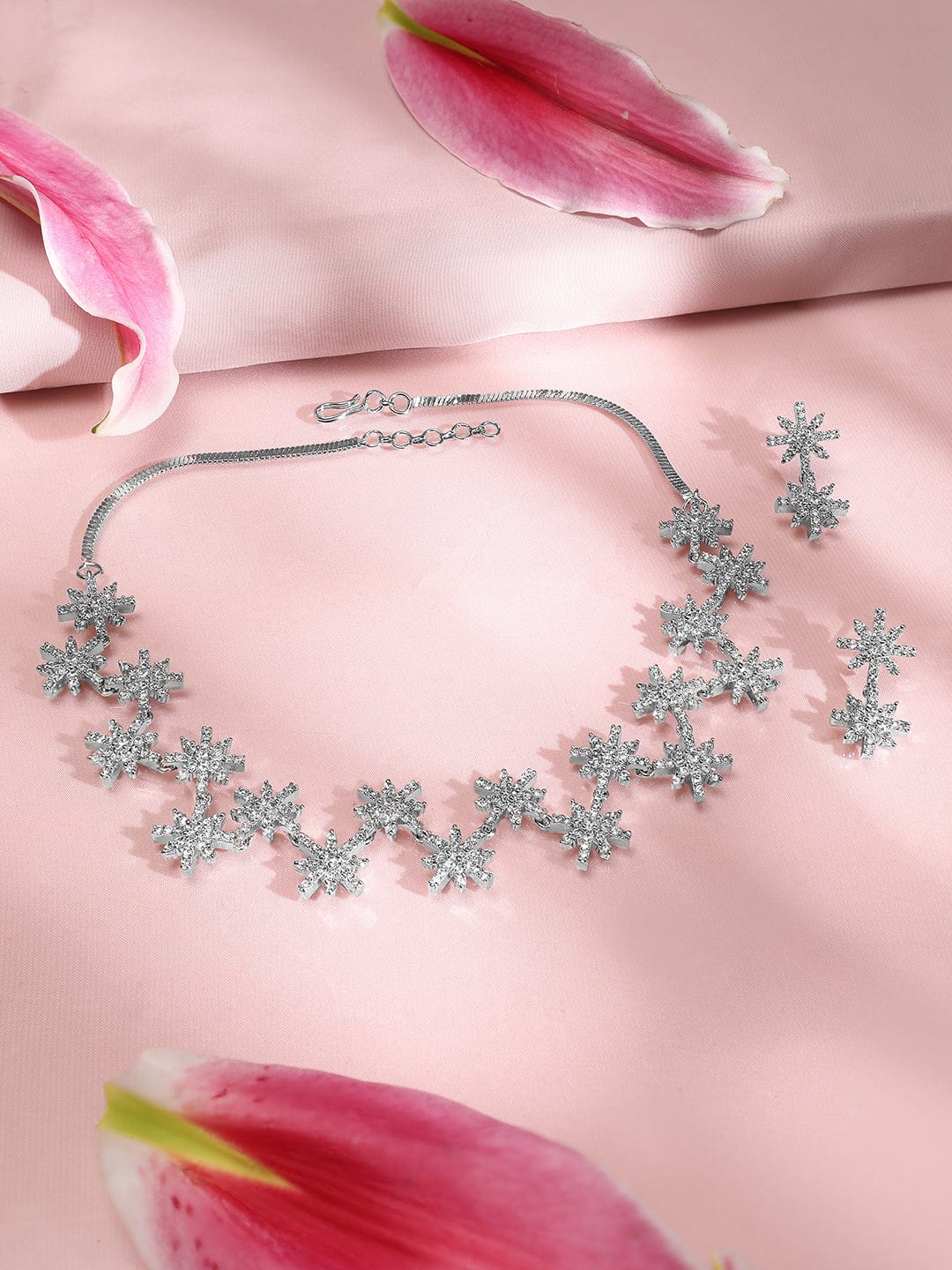 Rubans Rhodium-Plated Cubic Zirconia Studded Snowflake Necklace & Earrings Set