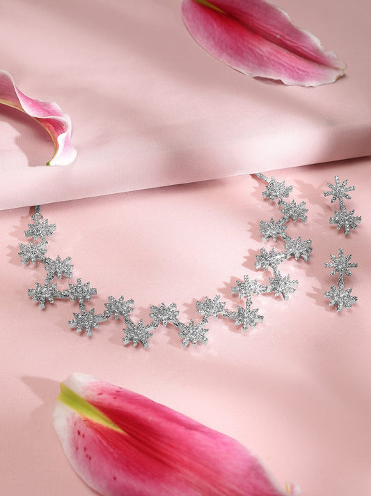Rubans Rhodium-Plated Cubic Zirconia Studded Snowflake Necklace & Earrings Set