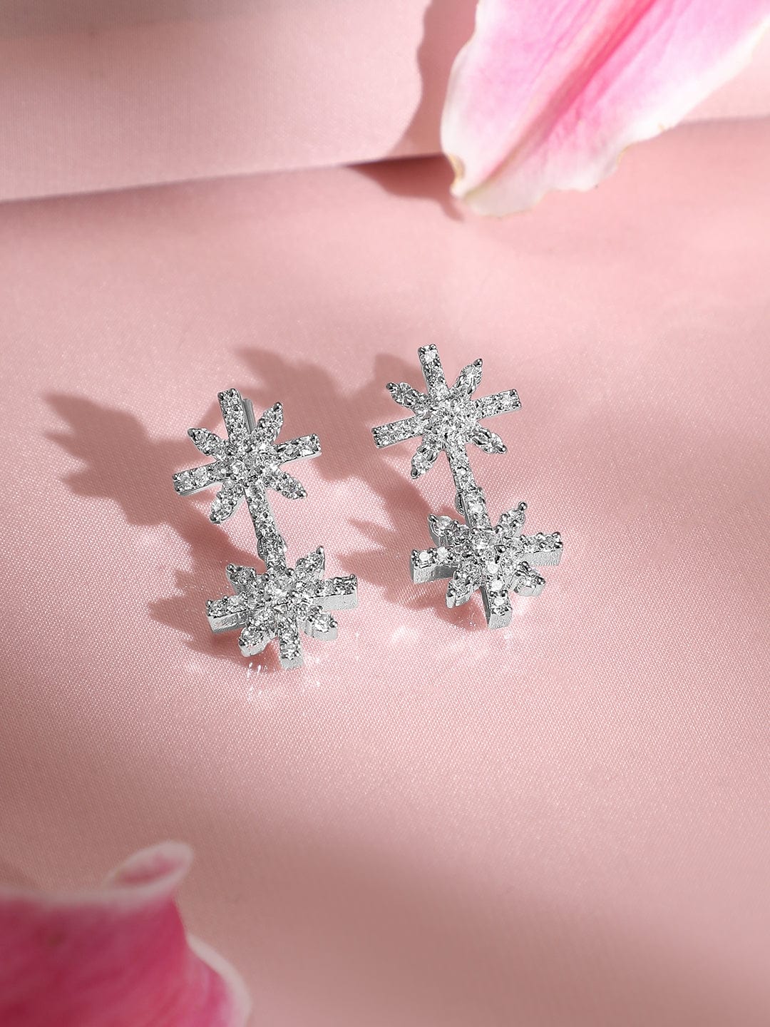Rubans Rhodium-Plated Cubic Zirconia Studded Snowflake Necklace & Earrings Set