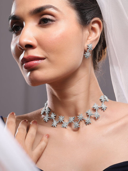 Rubans Rhodium-Plated Cubic Zirconia Studded Snowflake Necklace & Earrings Set