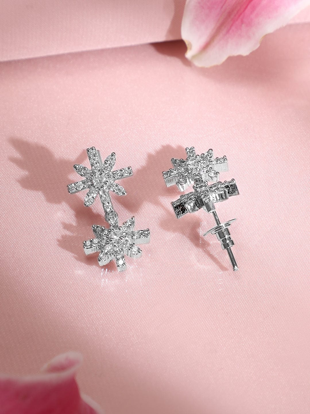 Rubans Rhodium-Plated Cubic Zirconia Studded Snowflake Necklace & Earrings Set