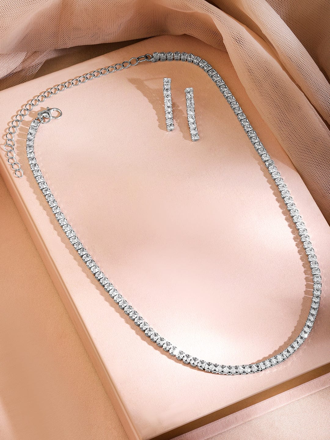 Rubans Rhodium-Plated Cubic Zirconia Studded Statement Necklace Set