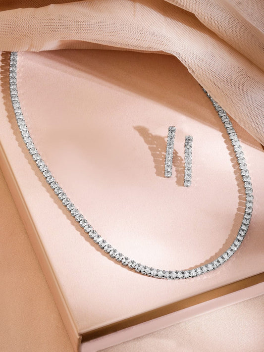 Rubans Rhodium-Plated Cubic Zirconia Studded Statement Necklace Set